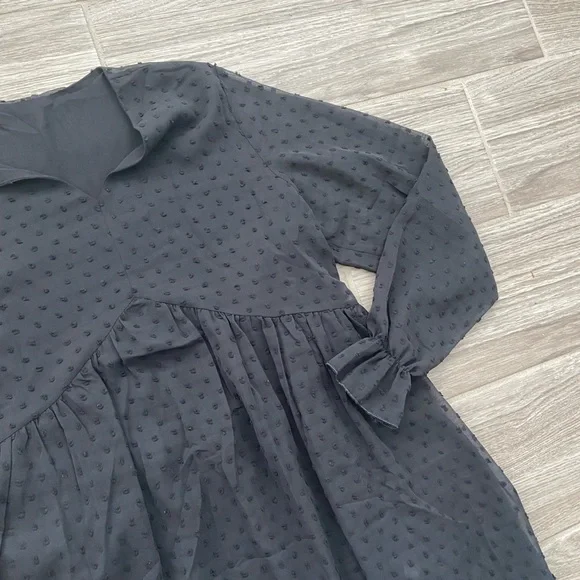 Black Long Sleeve Lace Mini Dress Polka Dot Pattern - Picture 6 of 6